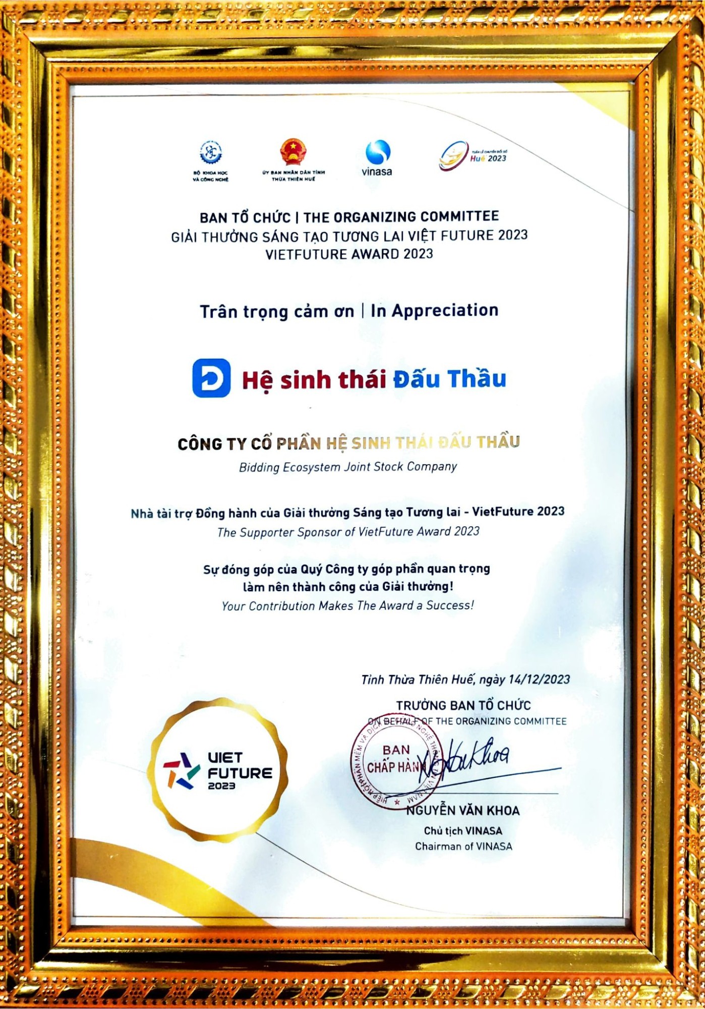 giấy chứng nhận nhà tài trợ của Hệ sinh thái Đấu Thầu