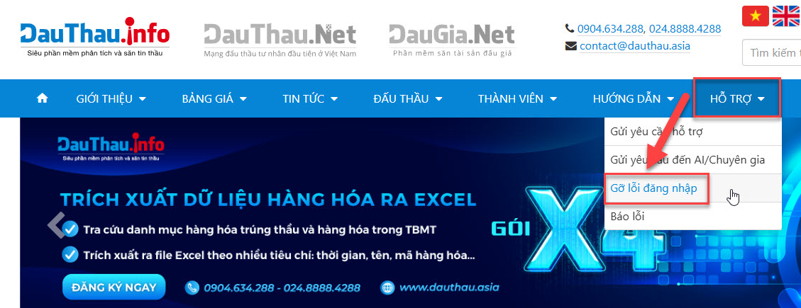 gỡ lỗi đăng nhập dauthau info